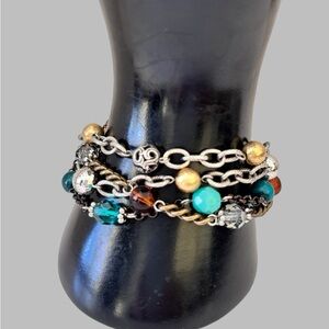 BRIGHTON FOXFIRE Multi Colors Beads Silver Triple Strand Bracelet NWOT
